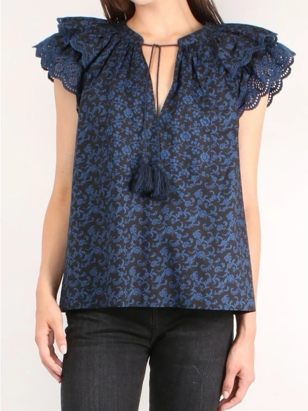 Ulla Johnson Elm Top-Navy & Blue Floral Tassel Tie-Front Blouse Retail $245
